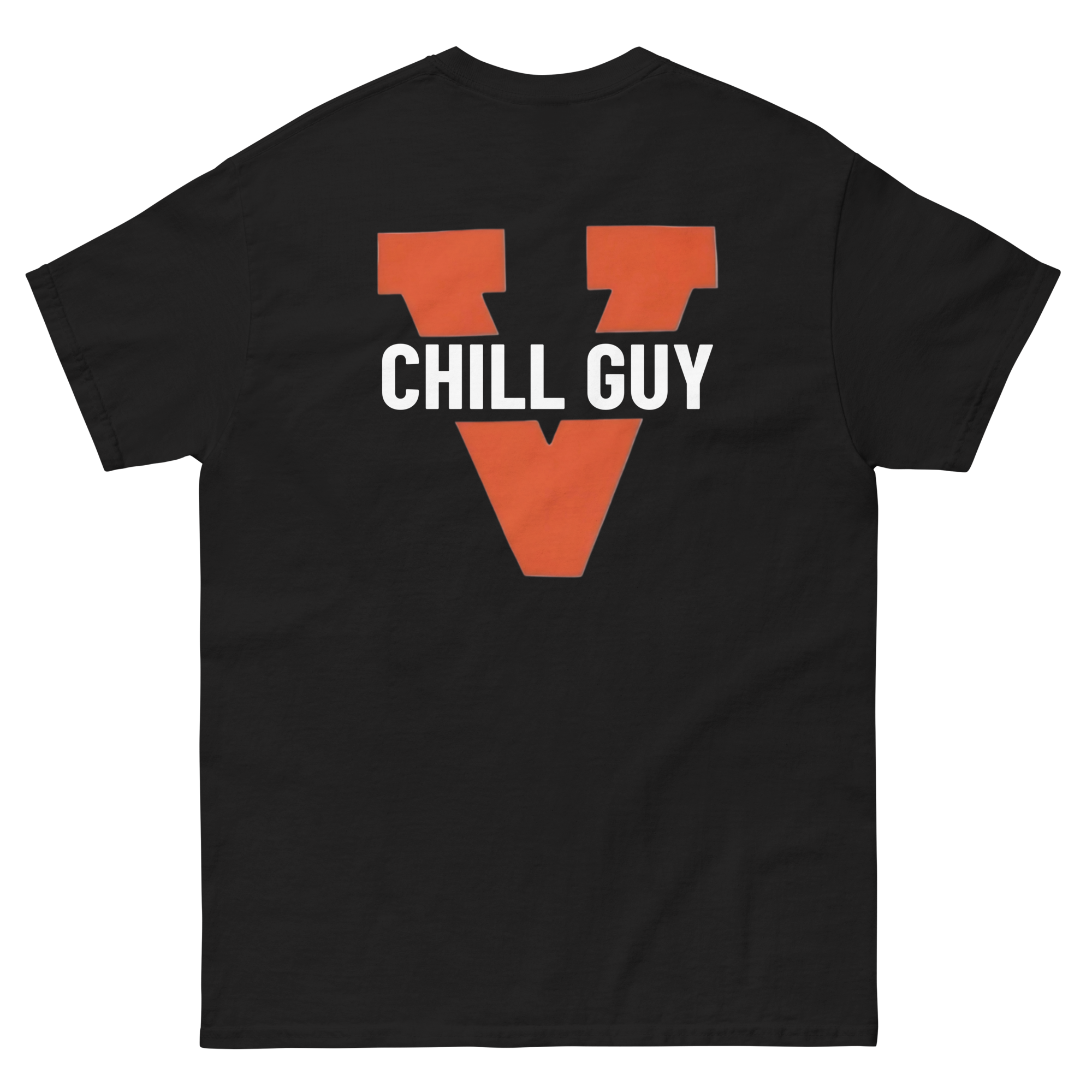 Back of black short sleeve t-shirt with words "Chill Guy" on it