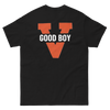 Back of black good boy t-shirt with UVA logo