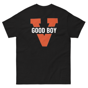 Back of black good boy t-shirt with UVA logo