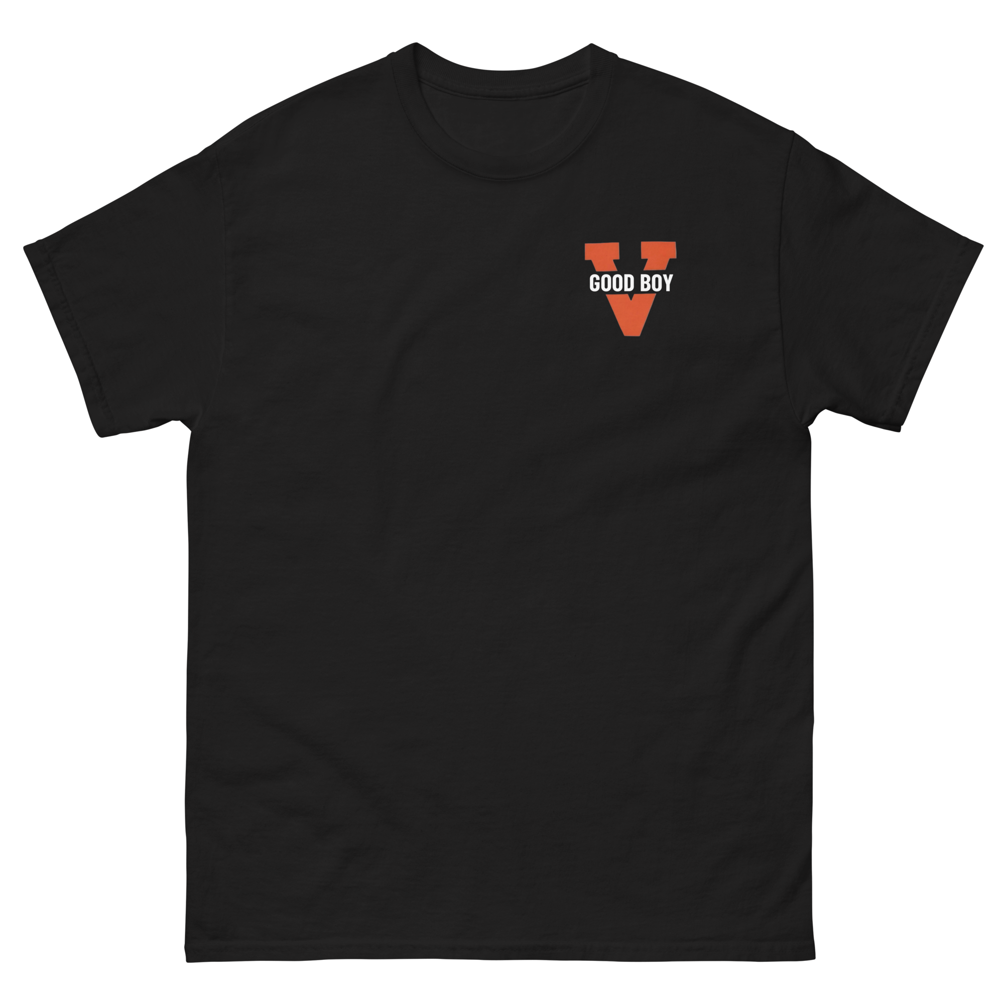 Front of black good boy t-shirt with UVA logo