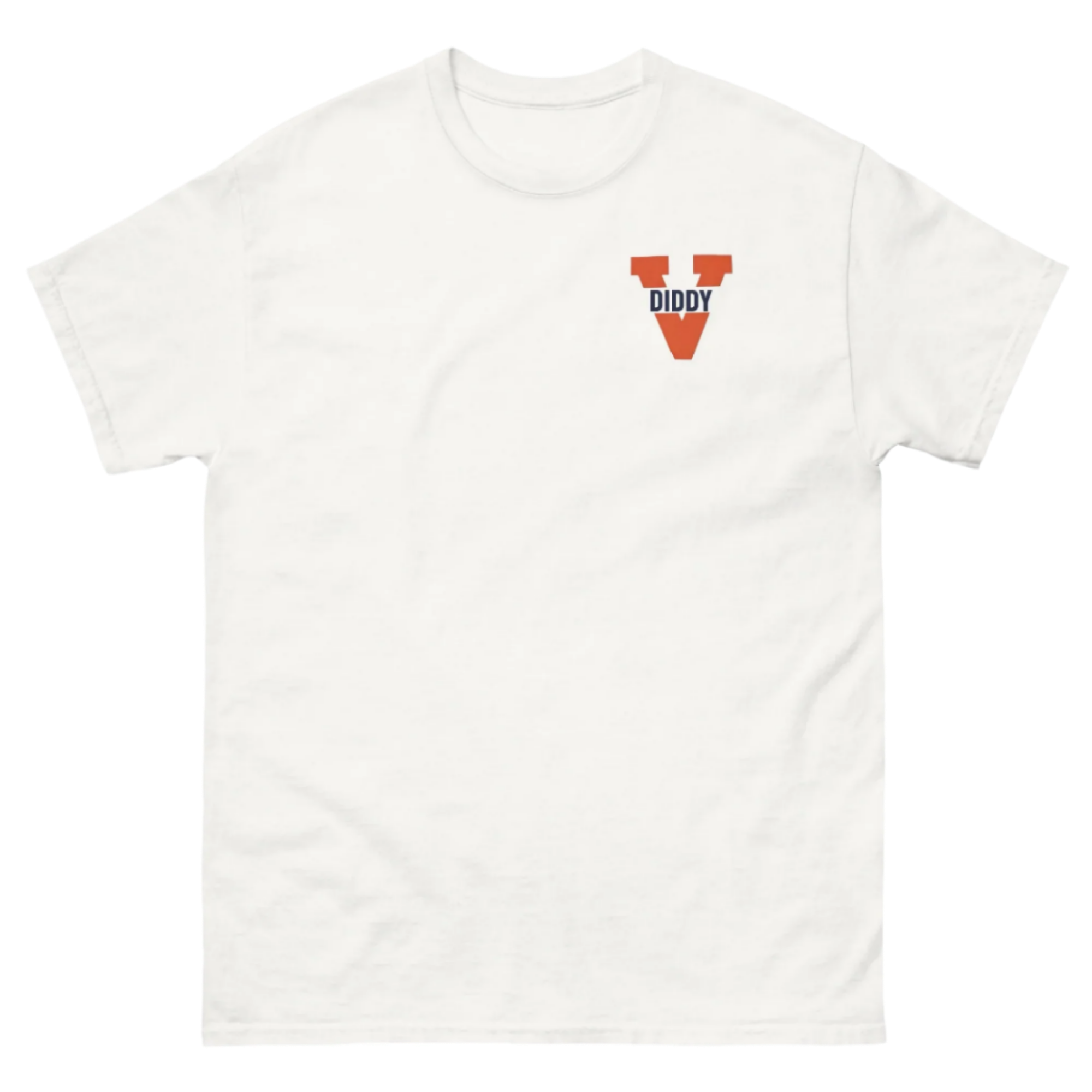 Front of white diddy t-shirt with UVA logo