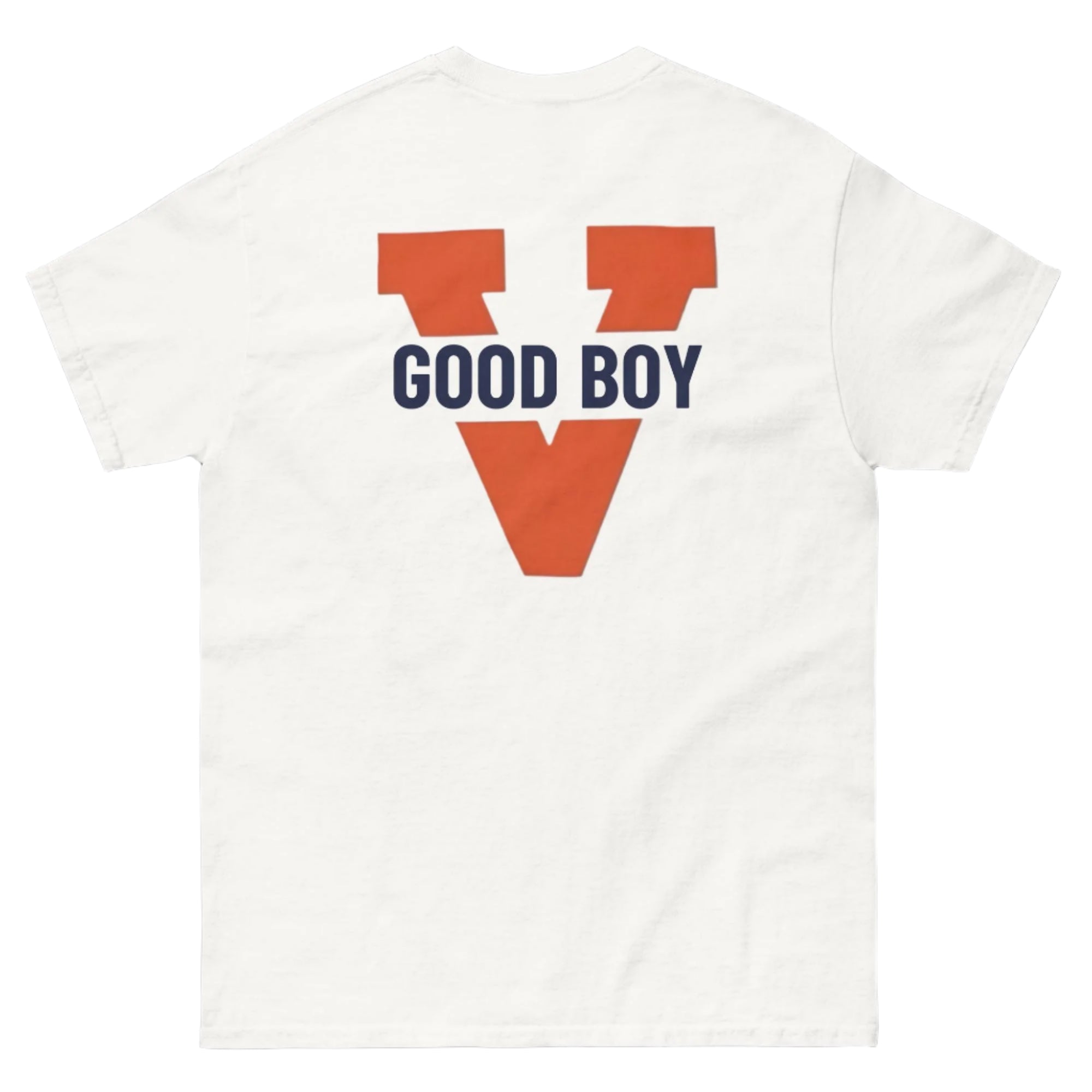 Back of white good boy t-shirt with UVA logo