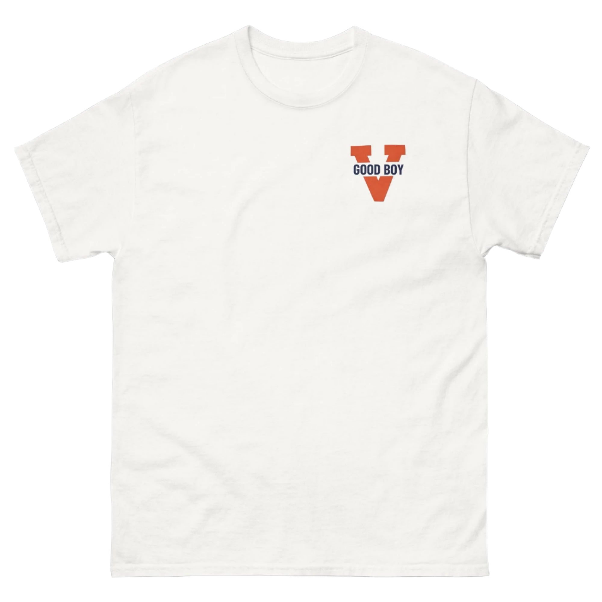 Front of white good boy t-shirt with UVA logo