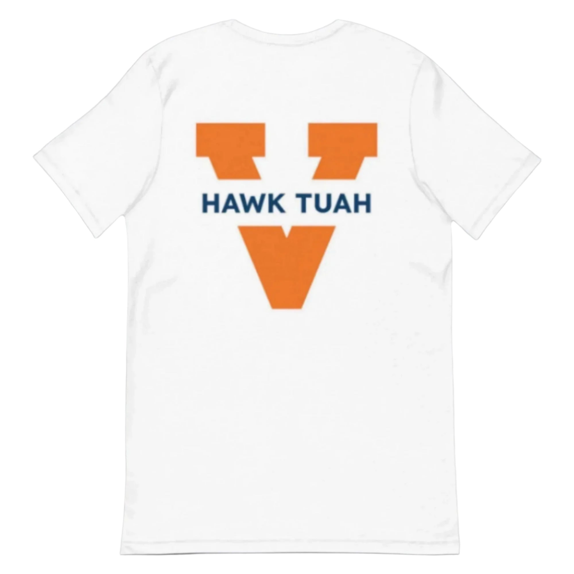 Back of white short sleeve t-shirt with words "Hawk Tuah" on it